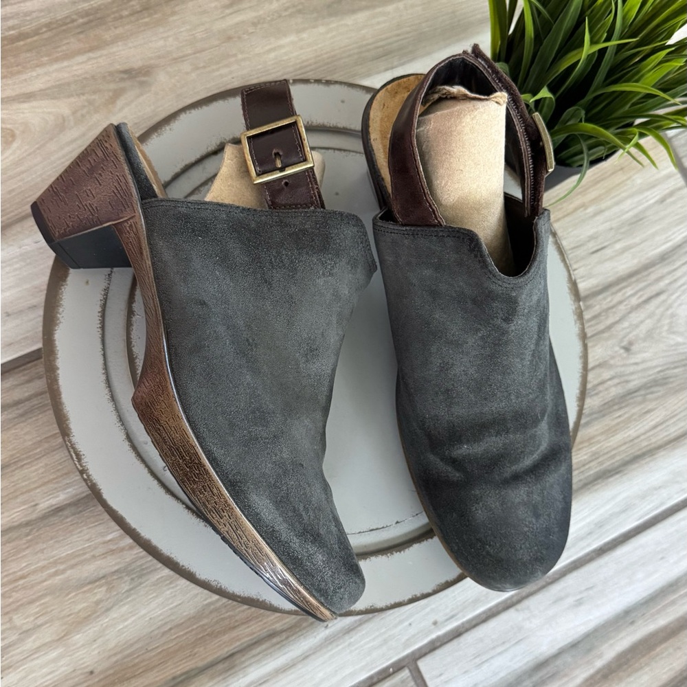 Naot Katya Suede Leather Heeled Sandals Size US8 Gray Brown Ankle Strap Comfort